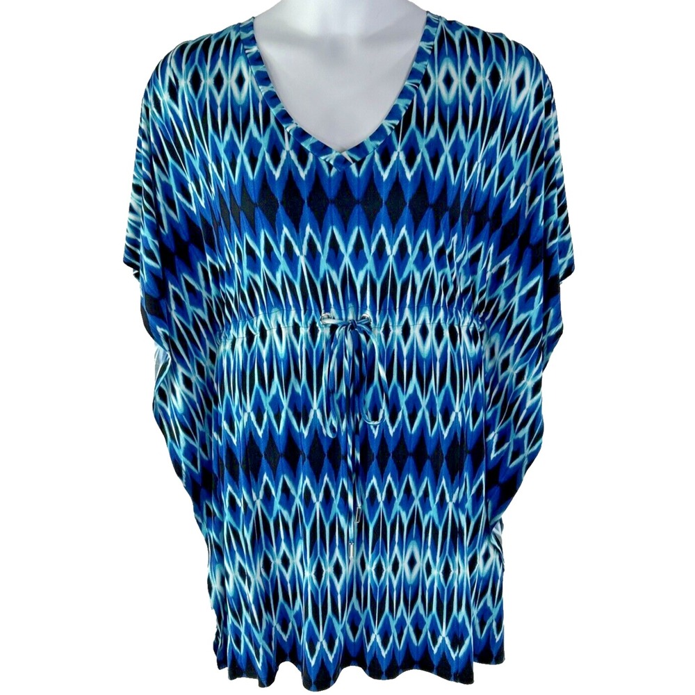 Calvin Klein 14‎ Blue Ikat Diamond Kaftan Top Drawstring Waist V-Neck Kimono